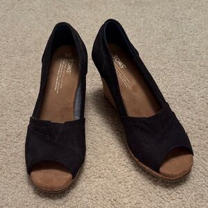 Toms Black Canvas Peep-Toe Wedge Espadrilles
